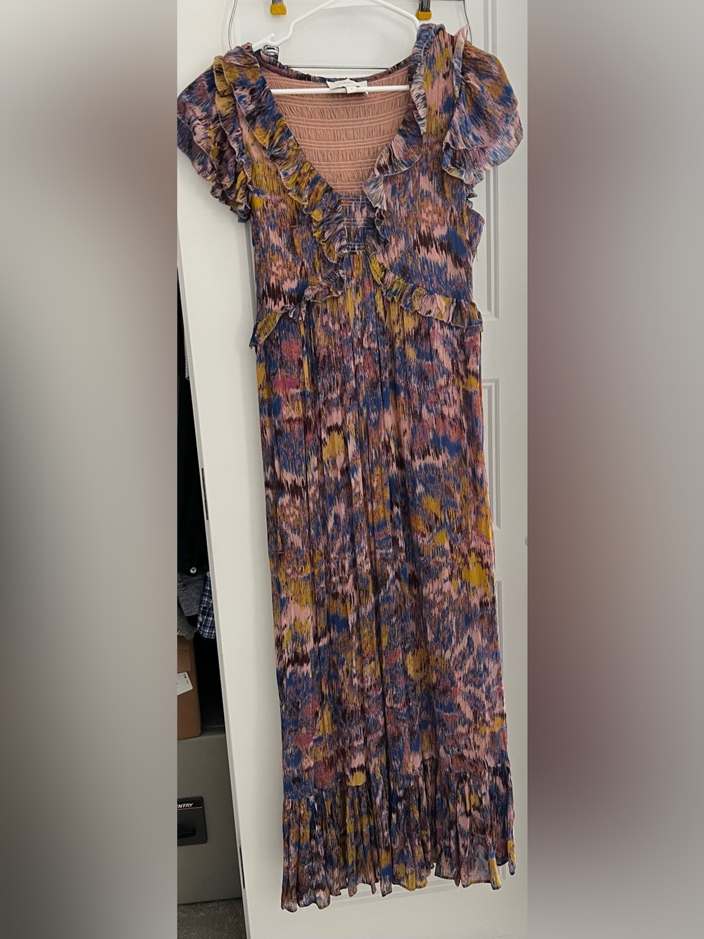 Cleobella S  Multicolor Ruffled Maxi Dress — Pink, Blue & Mustard Print